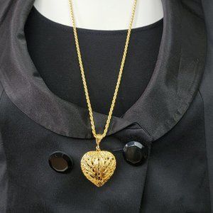 Long Gold Tone Rope Chain Filigree Puffy Heart Pendant Necklace 30"